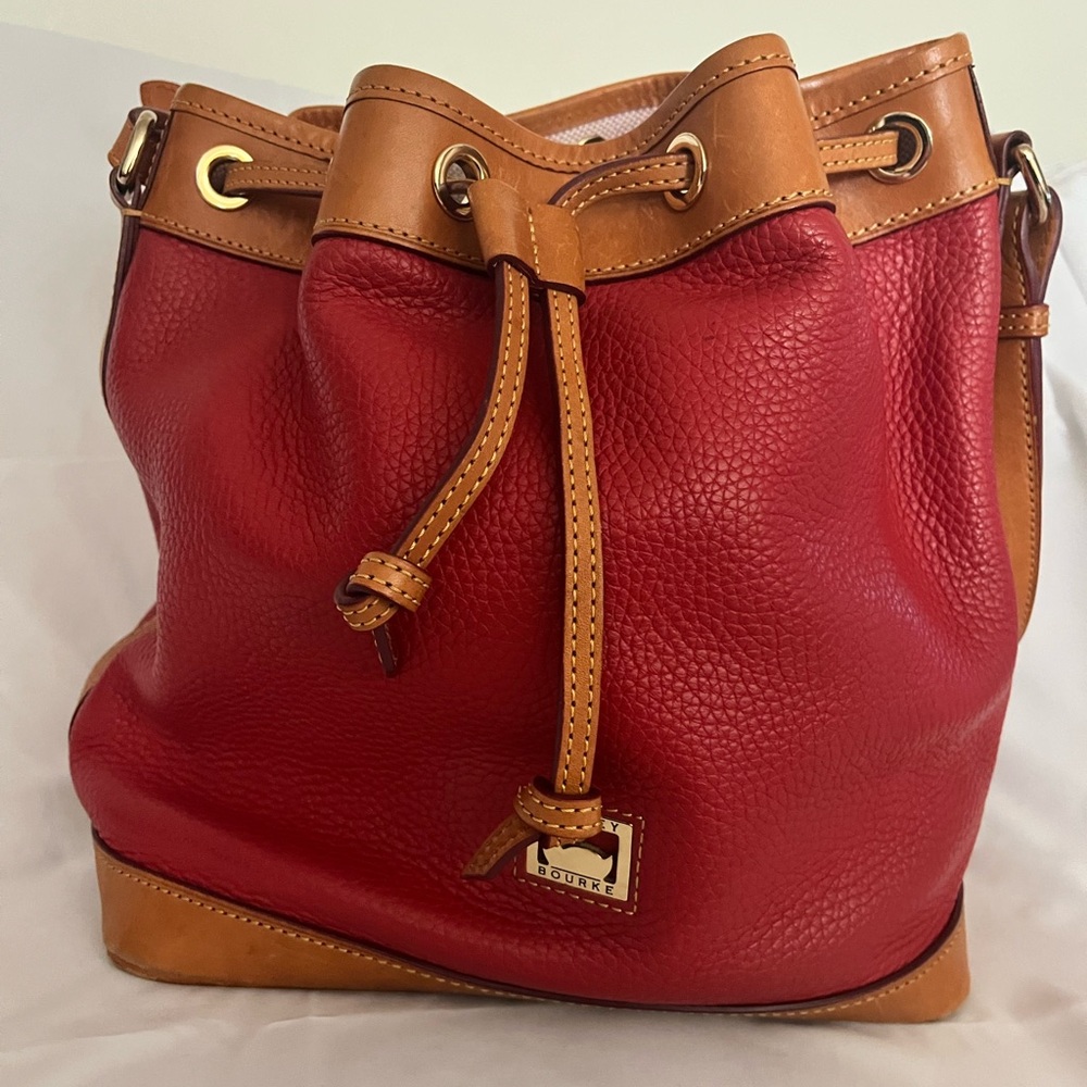 Dooney & Bourke Red Leather Drawstring Bucket Shoulder Bag with Tan Trim